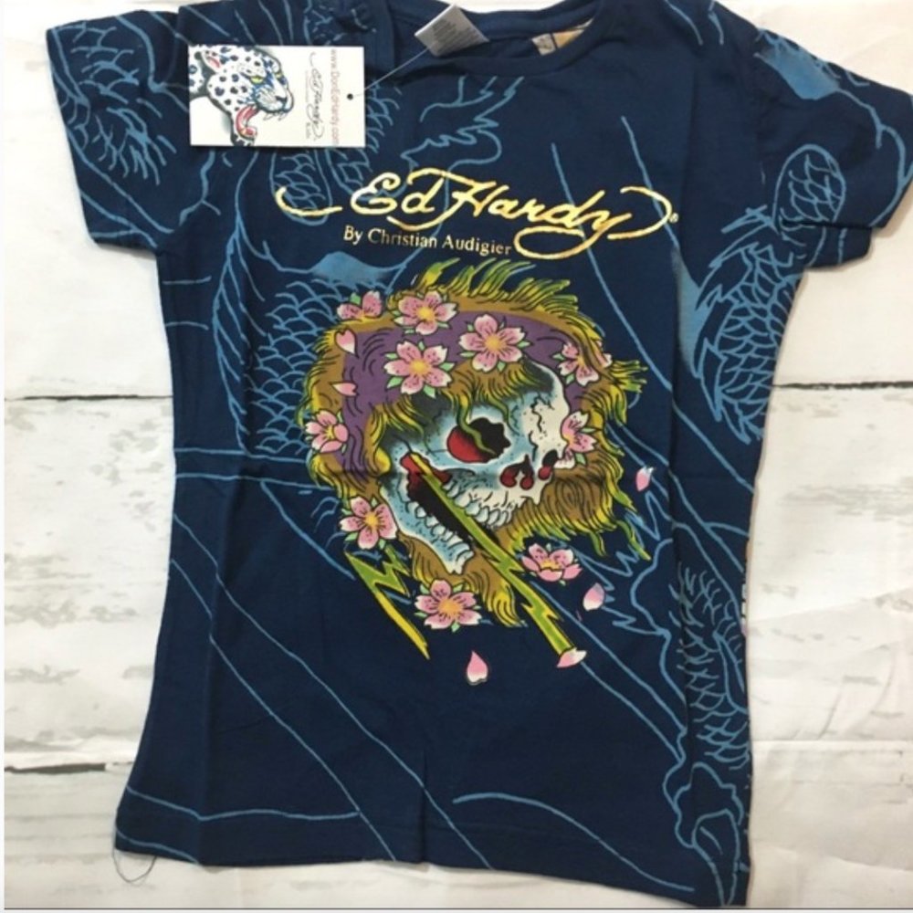 ED HARDY Kid's skull & roses navy gold foil tee